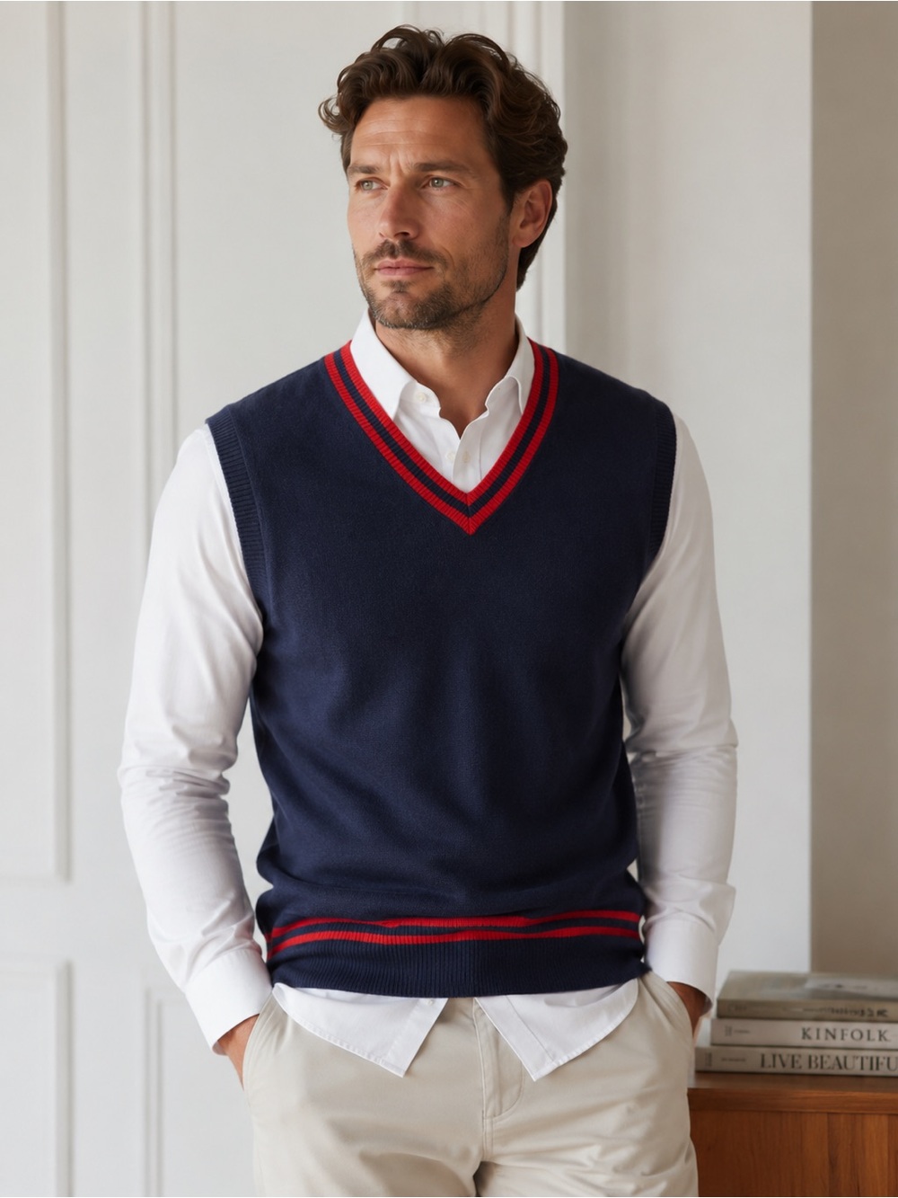 100% cashmere Club Room Navy and Red V-Neck Sweater Vest